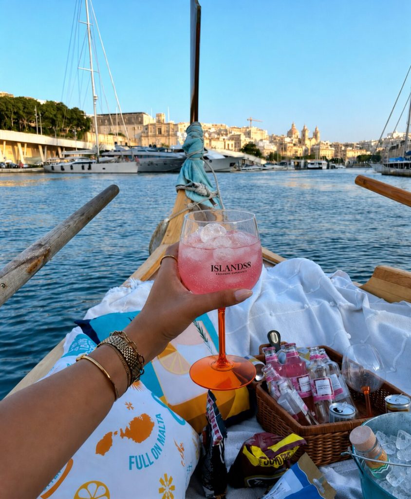 An Islands8 gin and tonic held aboard a traditional dghajsa at sunset